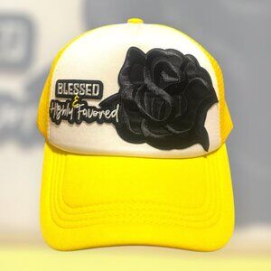 Women Trucker Hat Blessed & Highly Favor Christian Embroidery- Rose